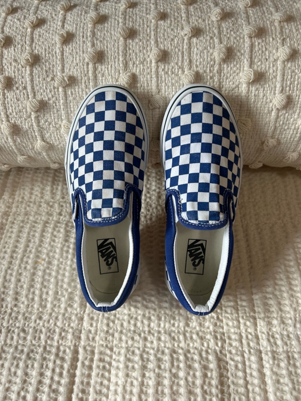 Vans Kids Slip-On Checkerboard Sneakers - Blue and White Size 2.5